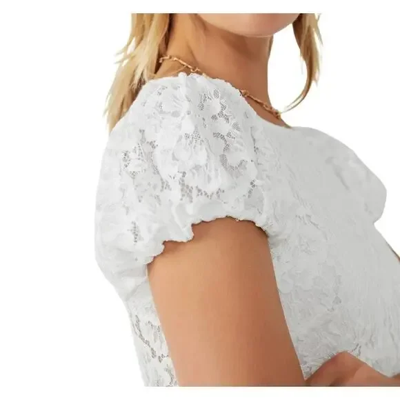 Free People Hailee Lace, Puffed Sleeve Mini Dress | Sz S, White New $168 - Picture 10 of 12